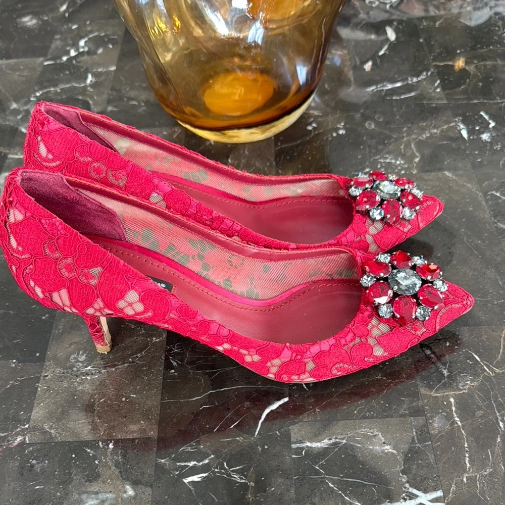 Dolce & Gabbana Red Lace Embellished Women's Shoes